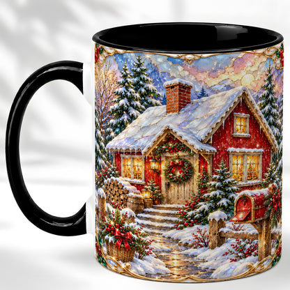 #pl[11oz|Black] Jeweled Christmas Cottage Coffee Mug, Snowy Cabin Mug, Ceramic Cup