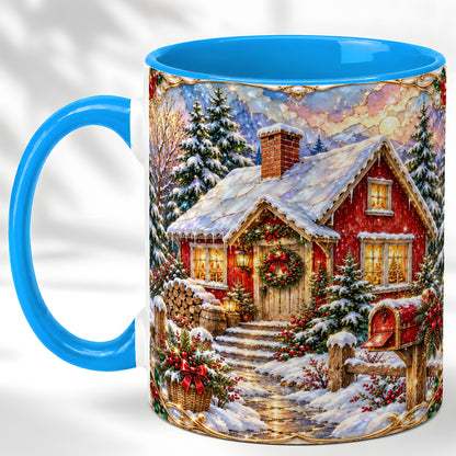 #pl[11oz|Blue] Jeweled Christmas Cottage Coffee Mug, Snowy Cabin Mug, Ceramic Cup