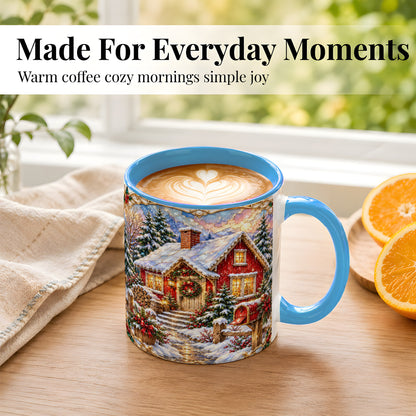 #pl[11oz|Blue] Jeweled Christmas Cottage Coffee Mug, Snowy Cabin Mug, Ceramic Cup