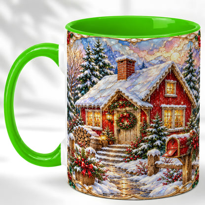 #pl[11oz|Green] Jeweled Christmas Cottage Coffee Mug, Snowy Cabin Mug, Ceramic Cup