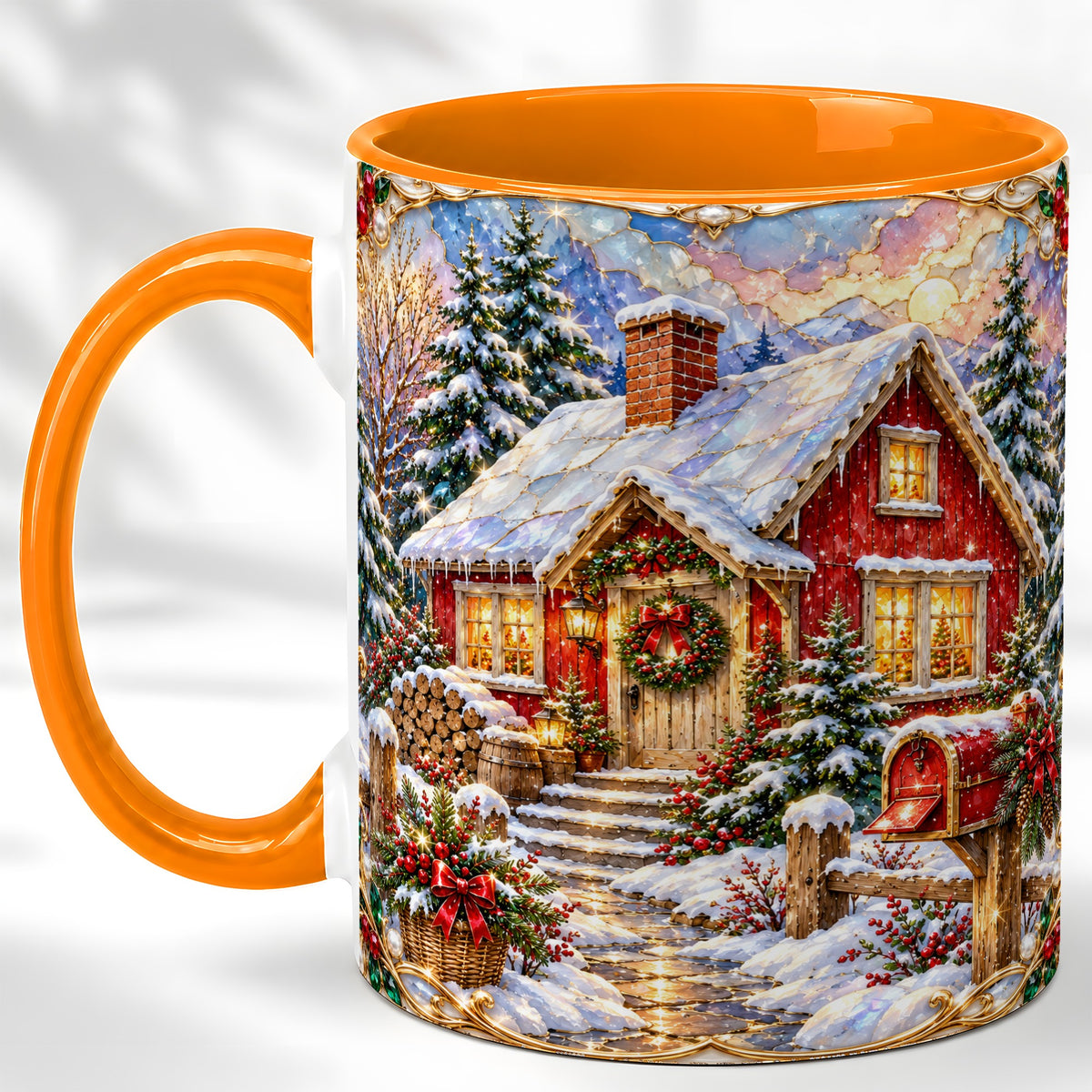 #pl[11oz|Orange] Jeweled Christmas Cottage Coffee Mug, Snowy Cabin Mug, Ceramic Cup