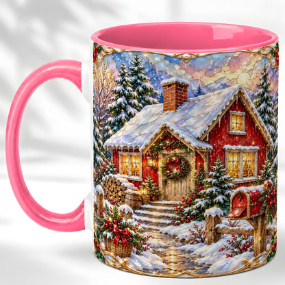 #pl[11oz|Pink] Jeweled Christmas Cottage Coffee Mug, Snowy Cabin Mug, Ceramic Cup