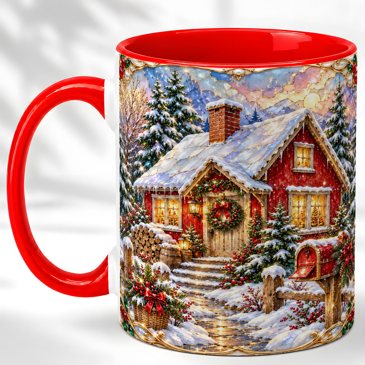 Jeweled Christmas Cottage Coffee Mug, Snowy Cabin Mug, Ceramic Cup