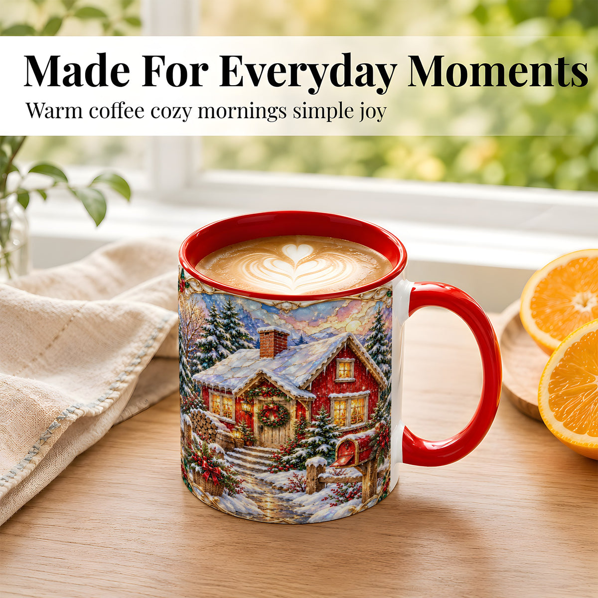 #pl[11oz|Red] Jeweled Christmas Cottage Coffee Mug, Snowy Cabin Mug, Ceramic Cup
