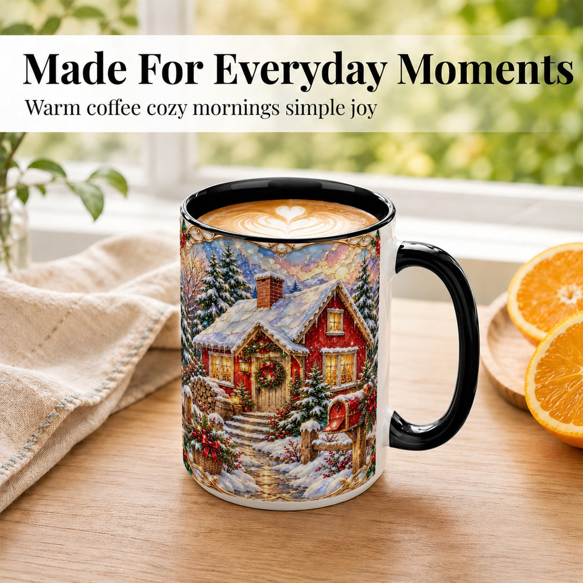 #pl[15oz|Black] Jeweled Christmas Cottage Coffee Mug, Snowy Cabin Mug, Ceramic Cup