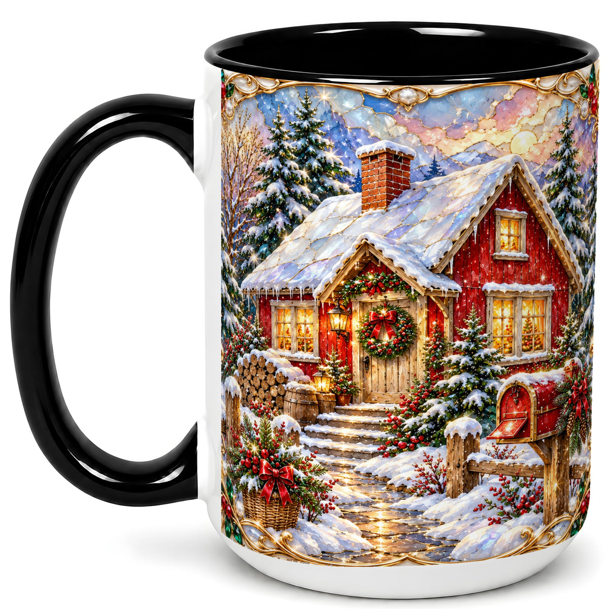 #pl[15oz|Black] Jeweled Christmas Cottage Coffee Mug, Snowy Cabin Mug, Ceramic Cup
