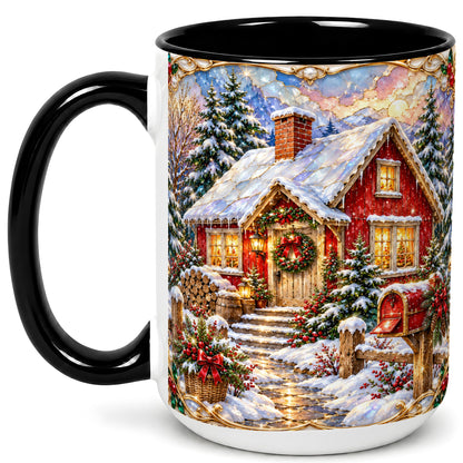 #pl[15oz|Black] Jeweled Christmas Cottage Coffee Mug, Snowy Cabin Mug, Ceramic Cup