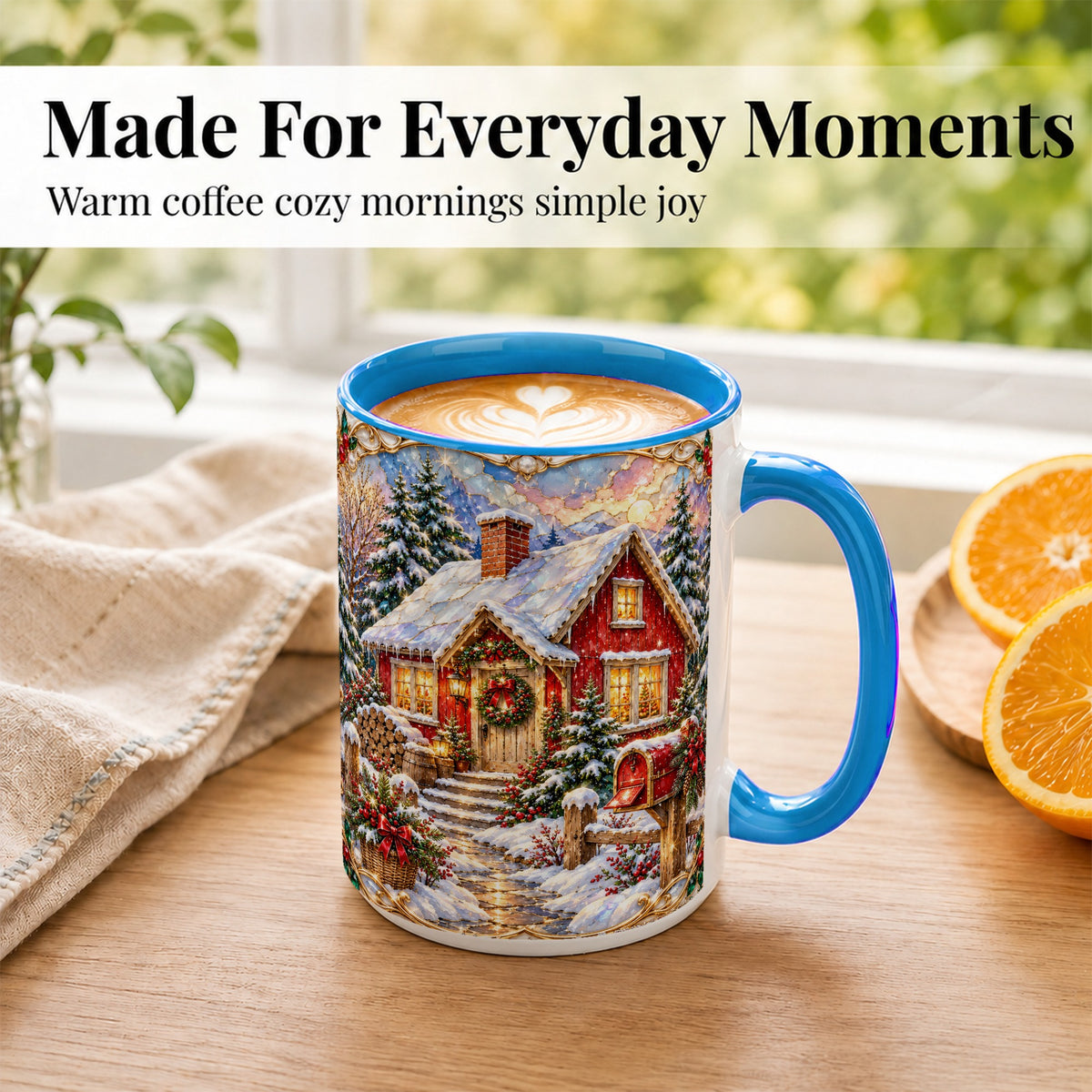 #pl[15oz|Blue] Jeweled Christmas Cottage Coffee Mug, Snowy Cabin Mug, Ceramic Cup