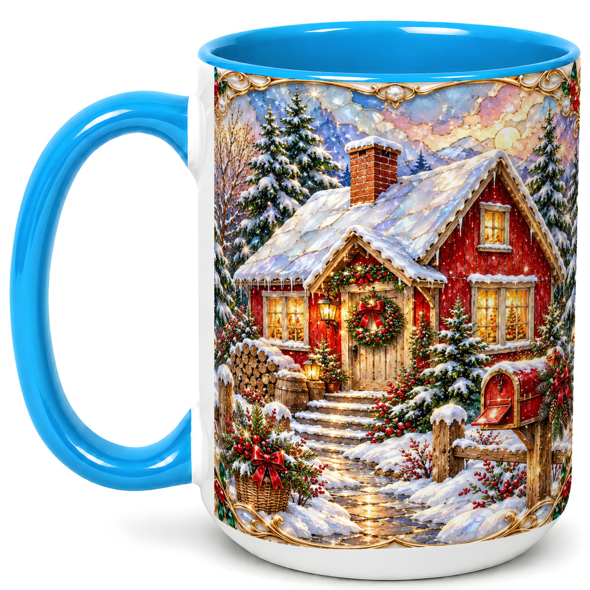 #pl[15oz|Blue] Jeweled Christmas Cottage Coffee Mug, Snowy Cabin Mug, Ceramic Cup