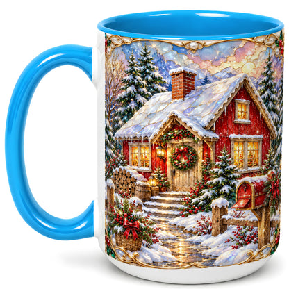 #pl[15oz|Blue] Jeweled Christmas Cottage Coffee Mug, Snowy Cabin Mug, Ceramic Cup