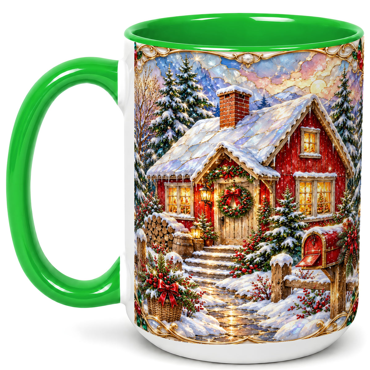 #pl[15oz|Green] Jeweled Christmas Cottage Coffee Mug, Snowy Cabin Mug, Ceramic Cup
