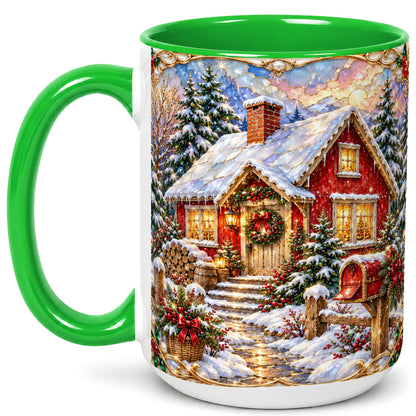 #pl[15oz|Green] Jeweled Christmas Cottage Coffee Mug, Snowy Cabin Mug, Ceramic Cup