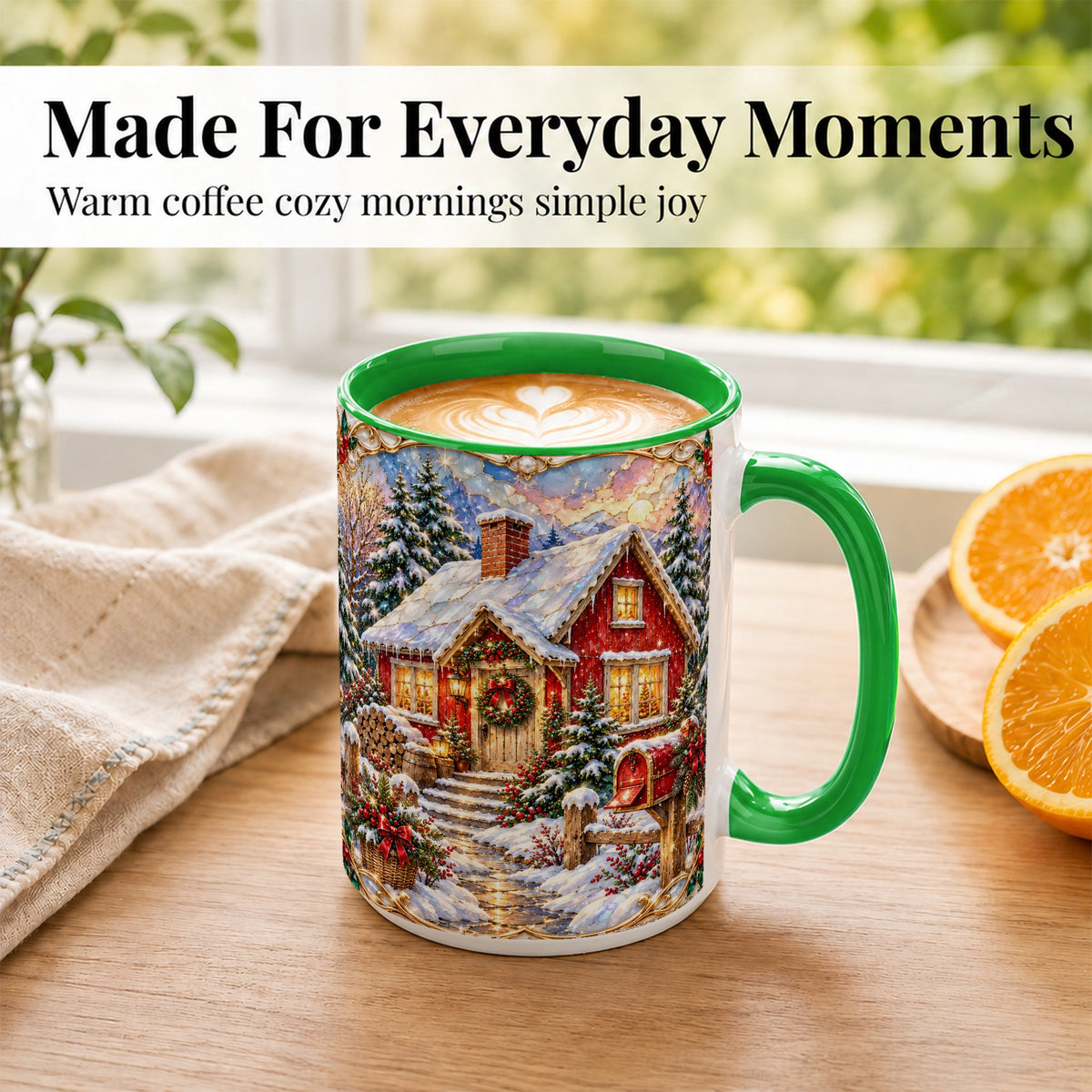 #pl[15oz|Green] Jeweled Christmas Cottage Coffee Mug, Snowy Cabin Mug, Ceramic Cup
