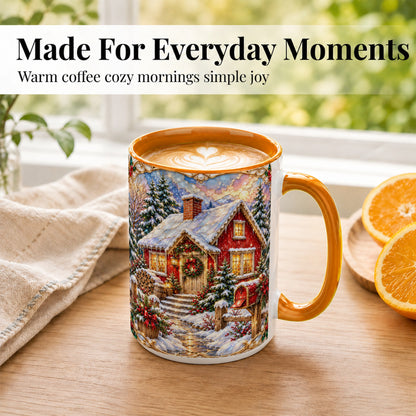 #pl[15oz|Orange] Jeweled Christmas Cottage Coffee Mug, Snowy Cabin Mug, Ceramic Cup
