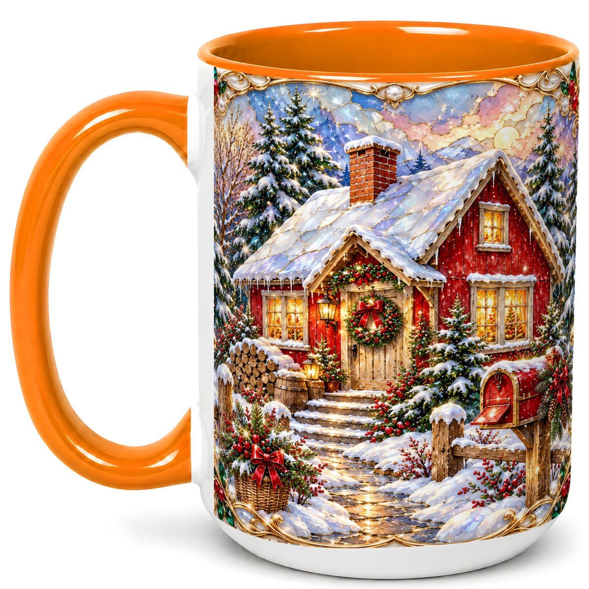 #pl[15oz|Orange] Jeweled Christmas Cottage Coffee Mug, Snowy Cabin Mug, Ceramic Cup