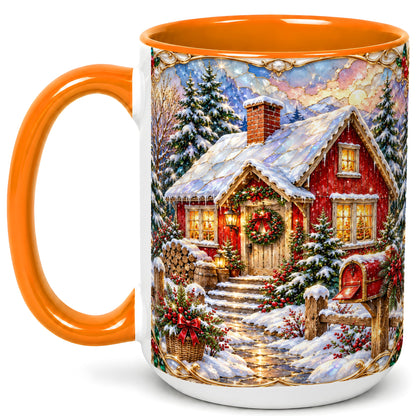 #pl[15oz|Orange] Jeweled Christmas Cottage Coffee Mug, Snowy Cabin Mug, Ceramic Cup