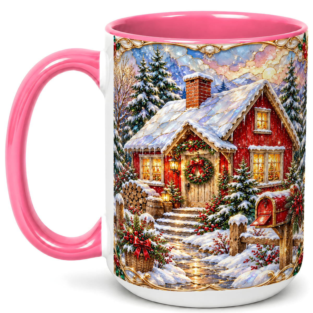 #pl[15oz|Pink] Jeweled Christmas Cottage Coffee Mug, Snowy Cabin Mug, Ceramic Cup