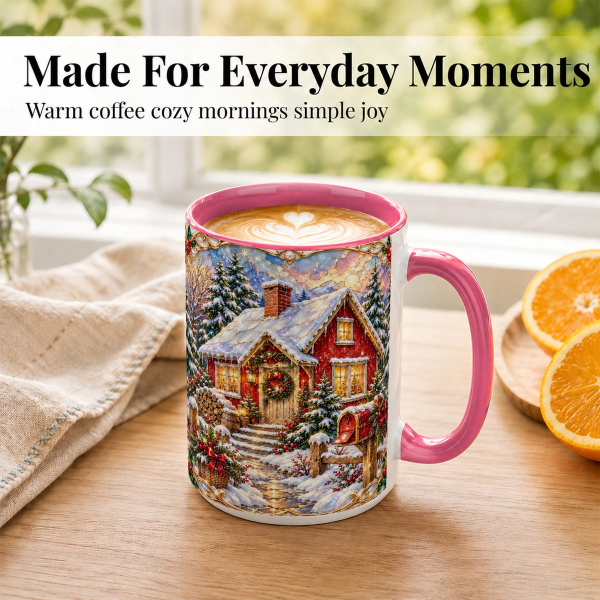 #pl[15oz|Pink] Jeweled Christmas Cottage Coffee Mug, Snowy Cabin Mug, Ceramic Cup