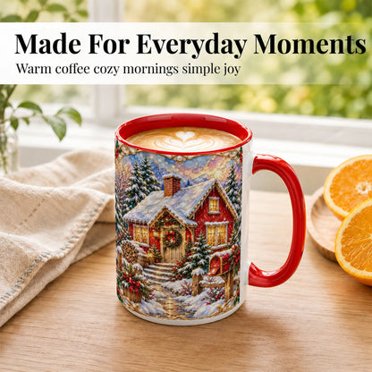 #pl[15oz|Red] Jeweled Christmas Cottage Coffee Mug, Snowy Cabin Mug, Ceramic Cup