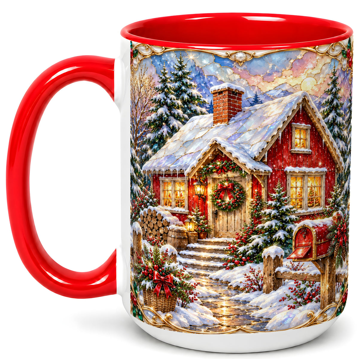 #pl[15oz|Red] Jeweled Christmas Cottage Coffee Mug, Snowy Cabin Mug, Ceramic Cup