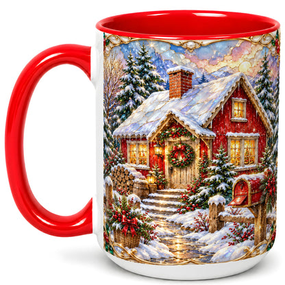 #pl[15oz|Red] Jeweled Christmas Cottage Coffee Mug, Snowy Cabin Mug, Ceramic Cup