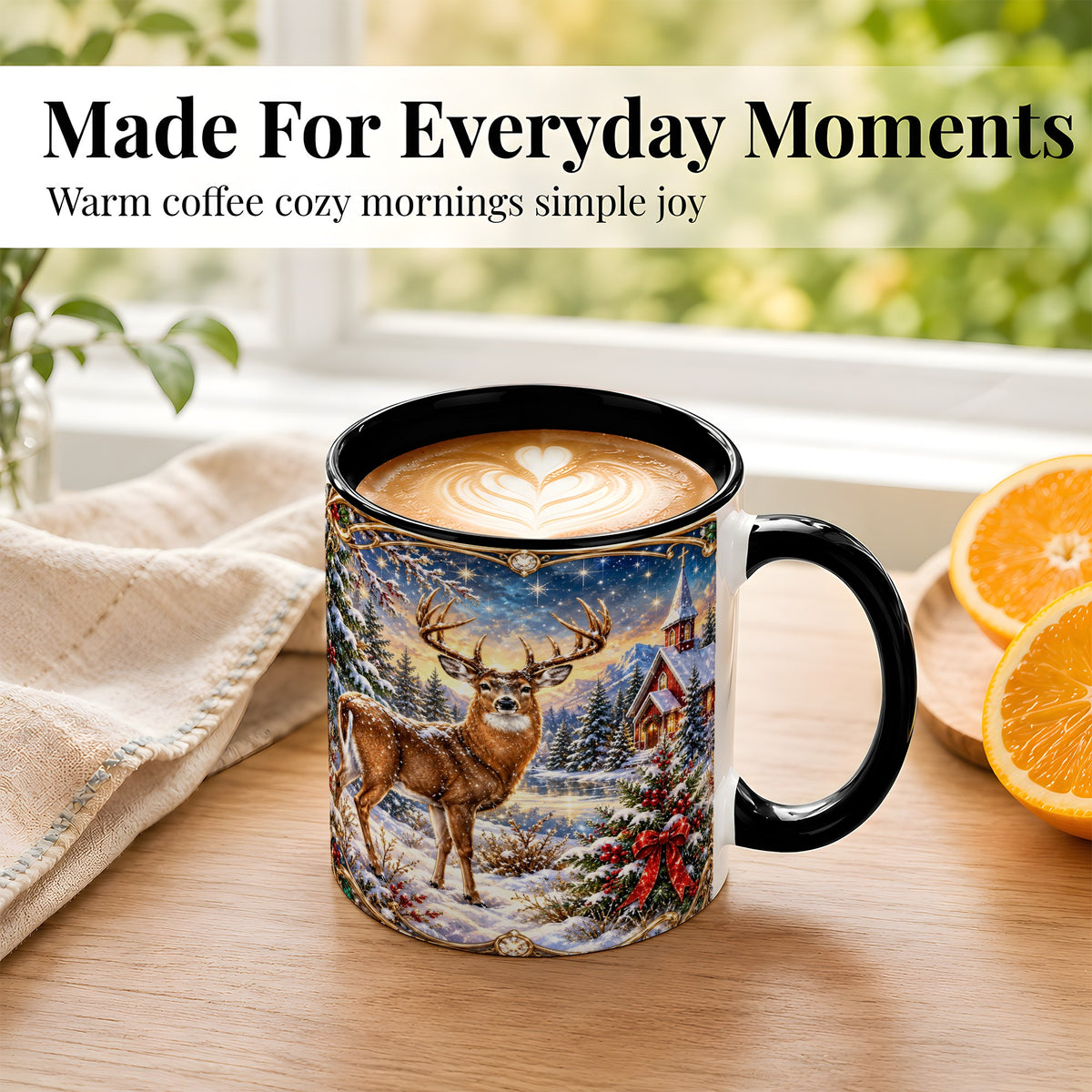 #pl[11oz|Black] Christmas Deer Church Coffee Mug, Winter Woodland Mug, Ceramic Cup