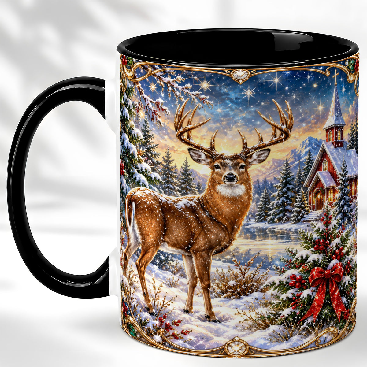 #pl[11oz|Black] Christmas Deer Church Coffee Mug, Winter Woodland Mug, Ceramic Cup