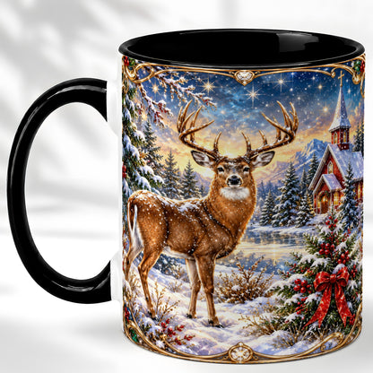 #pl[11oz|Black] Christmas Deer Church Coffee Mug, Winter Woodland Mug, Ceramic Cup