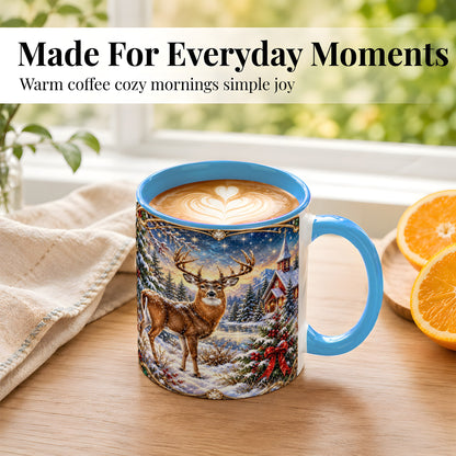 #pl[11oz|Blue] Christmas Deer Church Coffee Mug, Winter Woodland Mug, Ceramic Cup