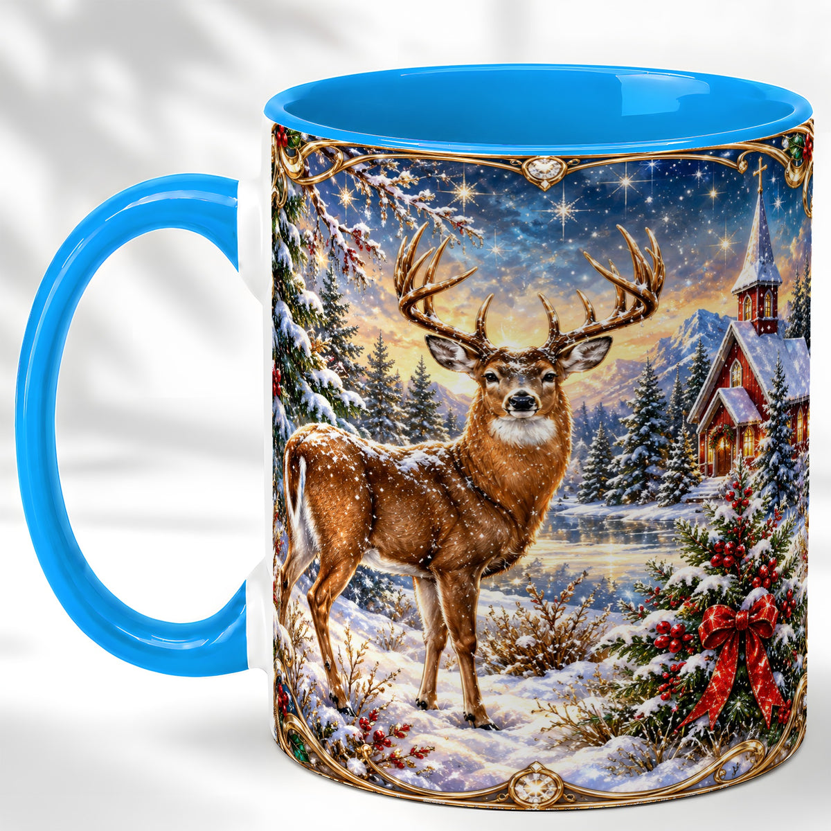 #pl[11oz|Blue] Christmas Deer Church Coffee Mug, Winter Woodland Mug, Ceramic Cup