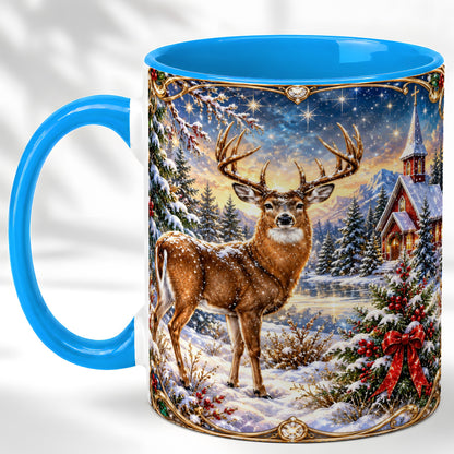 #pl[11oz|Blue] Christmas Deer Church Coffee Mug, Winter Woodland Mug, Ceramic Cup