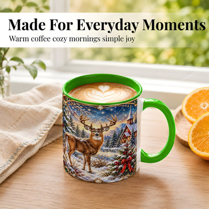 #pl[11oz|Green] Christmas Deer Church Coffee Mug, Winter Woodland Mug, Ceramic Cup