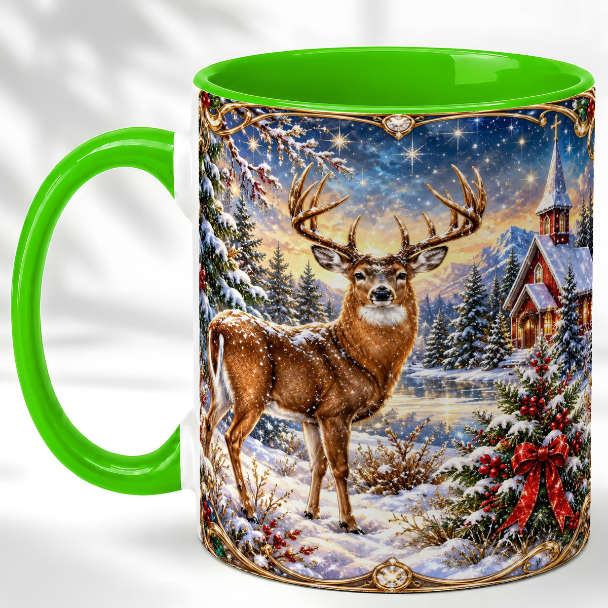 #pl[11oz|Green] Christmas Deer Church Coffee Mug, Winter Woodland Mug, Ceramic Cup