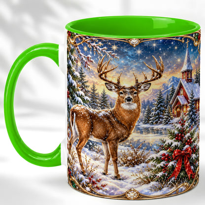 #pl[11oz|Green] Christmas Deer Church Coffee Mug, Winter Woodland Mug, Ceramic Cup