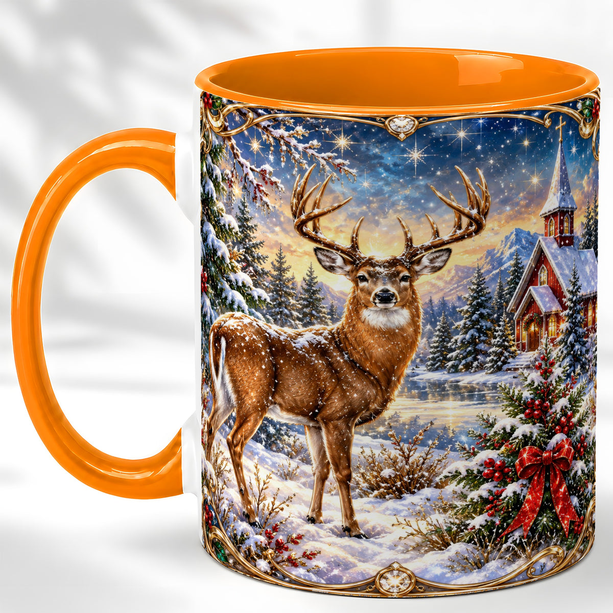 #pl[11oz|Orange] Christmas Deer Church Coffee Mug, Winter Woodland Mug, Ceramic Cup