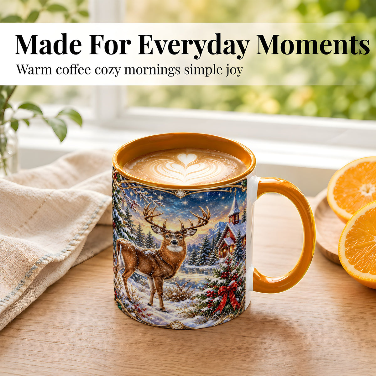 #pl[11oz|Orange] Christmas Deer Church Coffee Mug, Winter Woodland Mug, Ceramic Cup