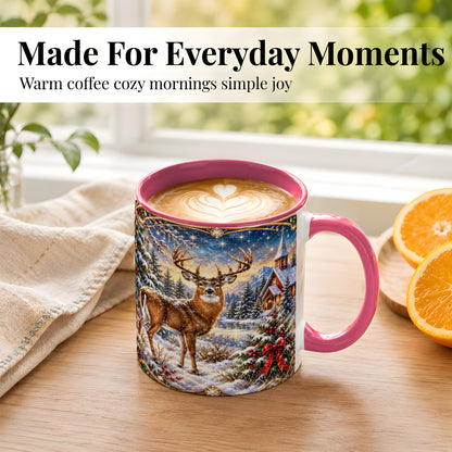 #pl[11oz|Pink] Christmas Deer Church Coffee Mug, Winter Woodland Mug, Ceramic Cup