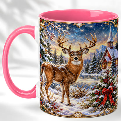 #pl[11oz|Pink] Christmas Deer Church Coffee Mug, Winter Woodland Mug, Ceramic Cup