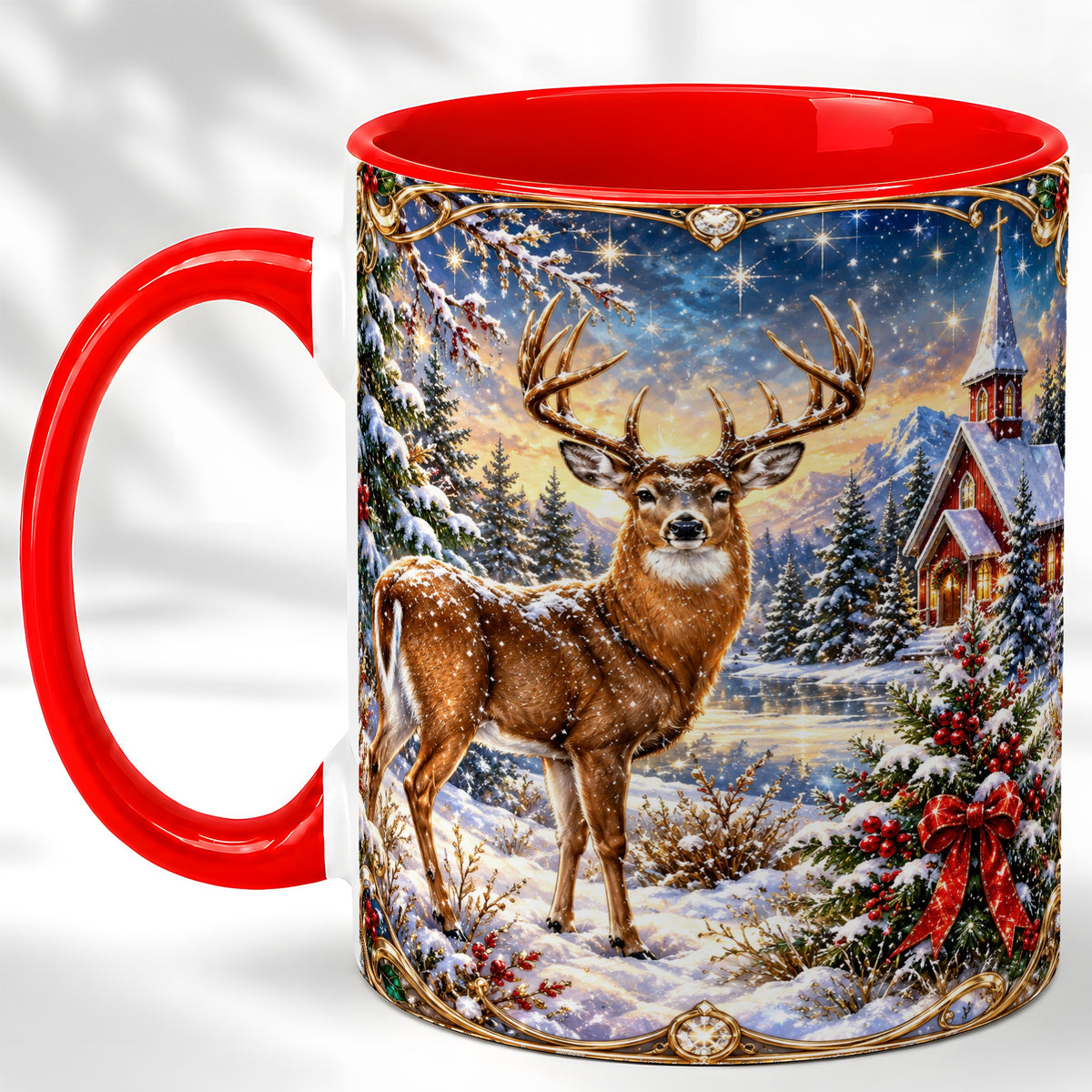 Christmas Deer Church Coffee Mug, Winter Woodland Mug, Ceramic Cup