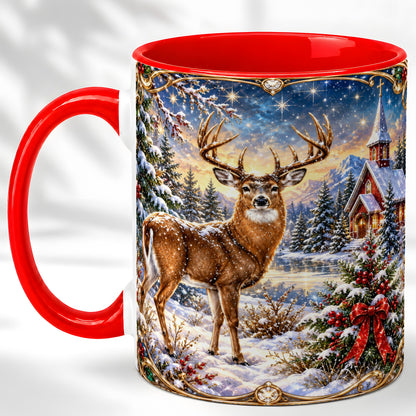 Christmas Deer Church Coffee Mug, Winter Woodland Mug, Ceramic Cup