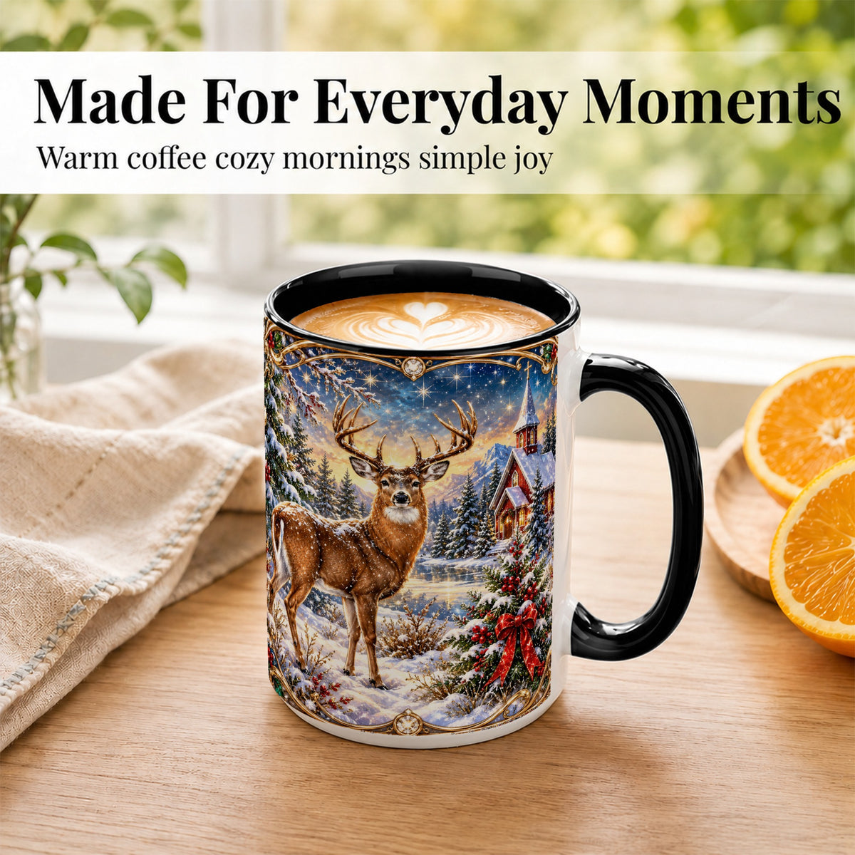 #pl[15oz|Black] Christmas Deer Church Coffee Mug, Winter Woodland Mug, Ceramic Cup