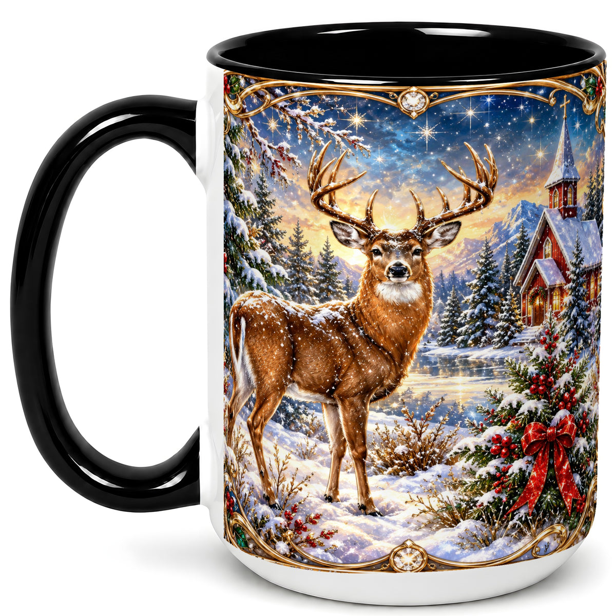 #pl[15oz|Black] Christmas Deer Church Coffee Mug, Winter Woodland Mug, Ceramic Cup
