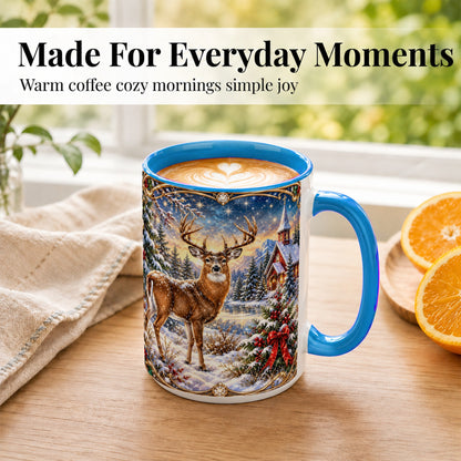 #pl[15oz|Blue] Christmas Deer Church Coffee Mug, Winter Woodland Mug, Ceramic Cup