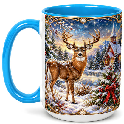 #pl[15oz|Blue] Christmas Deer Church Coffee Mug, Winter Woodland Mug, Ceramic Cup