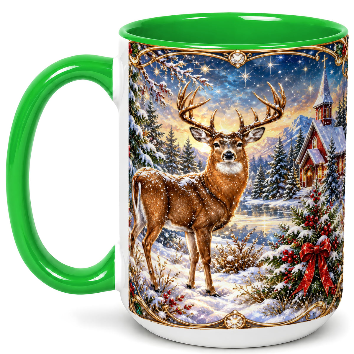 #pl[15oz|Green] Christmas Deer Church Coffee Mug, Winter Woodland Mug, Ceramic Cup