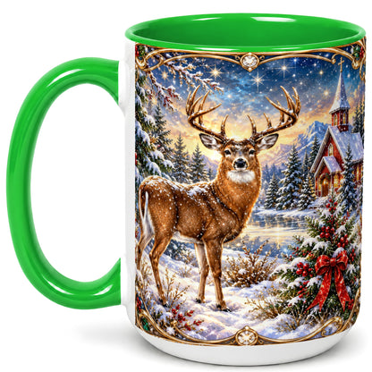 #pl[15oz|Green] Christmas Deer Church Coffee Mug, Winter Woodland Mug, Ceramic Cup