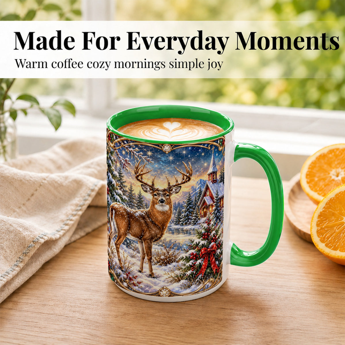 #pl[15oz|Green] Christmas Deer Church Coffee Mug, Winter Woodland Mug, Ceramic Cup