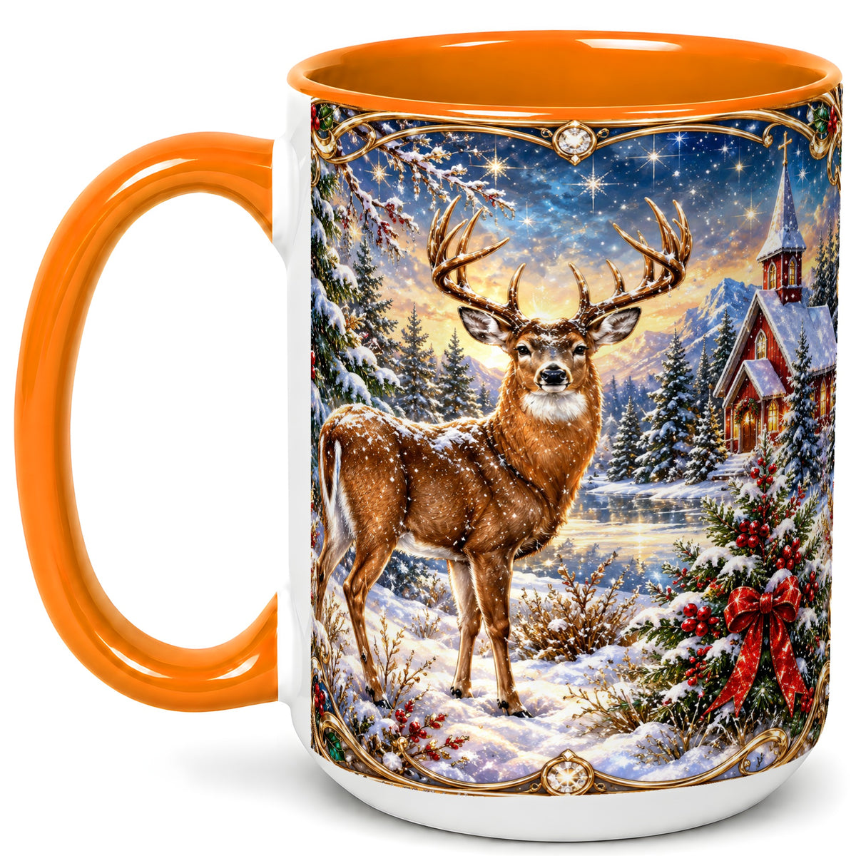 #pl[15oz|Orange] Christmas Deer Church Coffee Mug, Winter Woodland Mug, Ceramic Cup