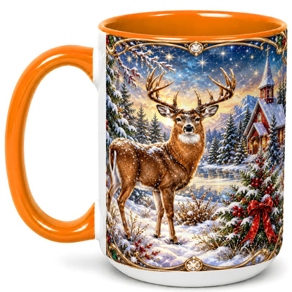#pl[15oz|Orange] Christmas Deer Church Coffee Mug, Winter Woodland Mug, Ceramic Cup