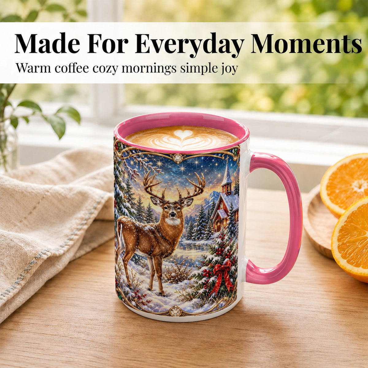 #pl[15oz|Pink] Christmas Deer Church Coffee Mug, Winter Woodland Mug, Ceramic Cup